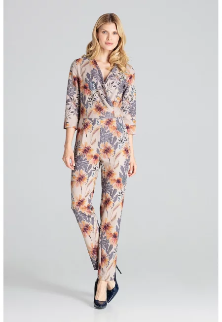 Дамски гащеризон -  флорален - бежов - полиестер - Бежов/Флорален