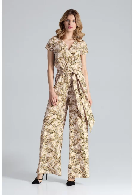 Дамски гащеризон -  кръгло деколте - широк крачол - къс ръкав - леопардов принт - полиестер-еластан