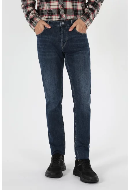 Дънки по тялото със захабен ефект - Тъмносин