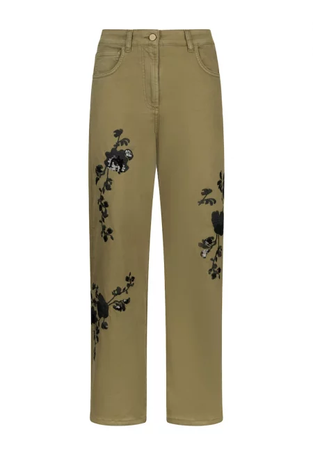 Дънки с бродерия - Маслинено зелено