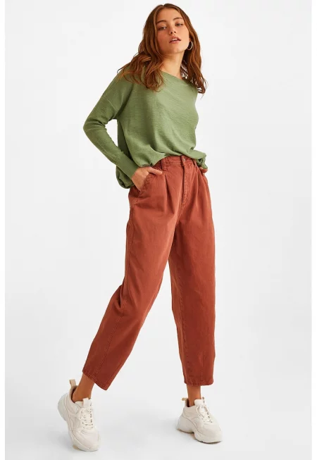 Дънки с висока талия - Керемидено червено