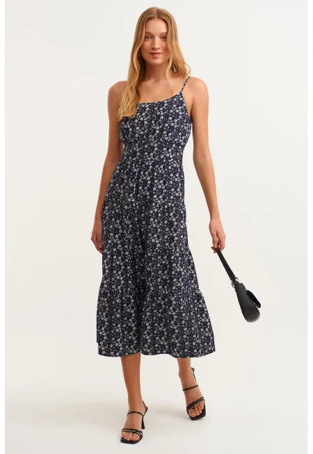 Флорална миди рокля - Бял/Тъмносин