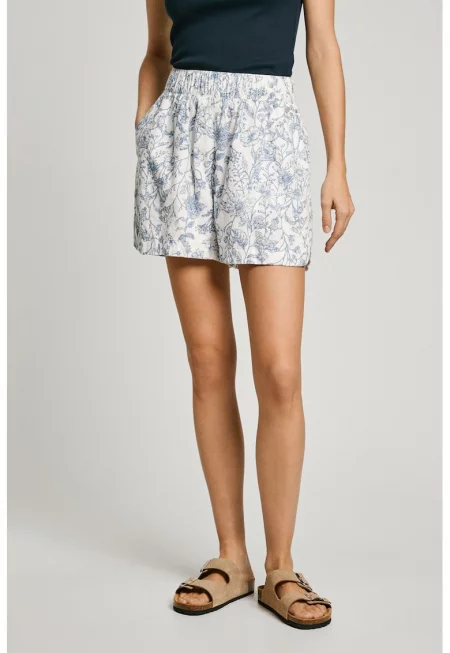 Флорални шорти с лен - Бял/Син