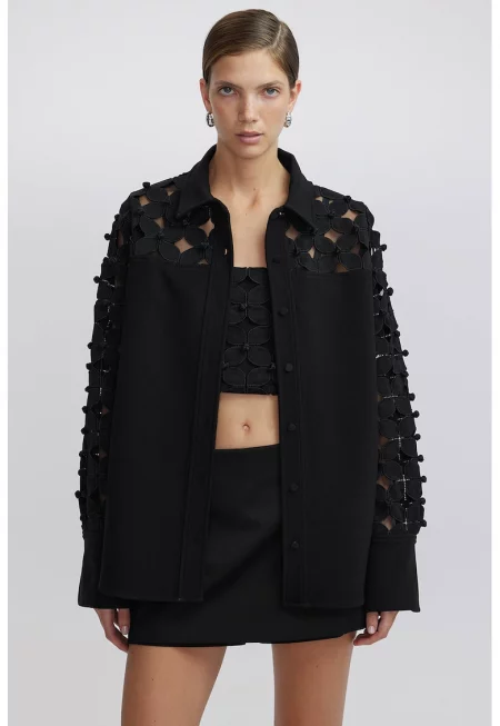 Флорално яке-риза с отвори - Черен/Прозрачен