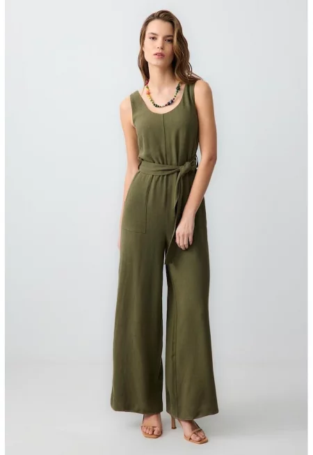 Гащеризон с лен и връзка - Тъмно каки