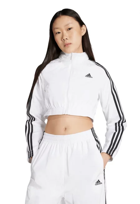 Къс суитшърт с цип и райе на ръкавите - Бял