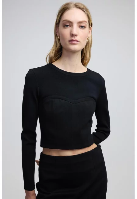 Къса блуза с дизайн на корсет - Черен