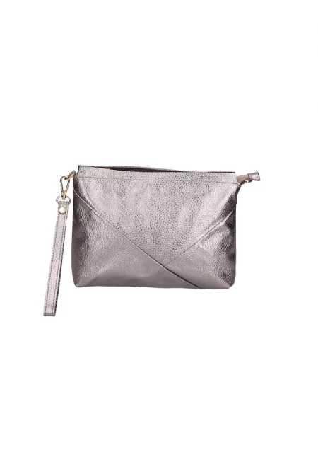 Кожен клъч с презрамка тип верижка - Тъмносребрист