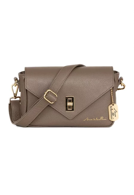 Кожена чанта през рамо с метална система - Сиво-кафяв