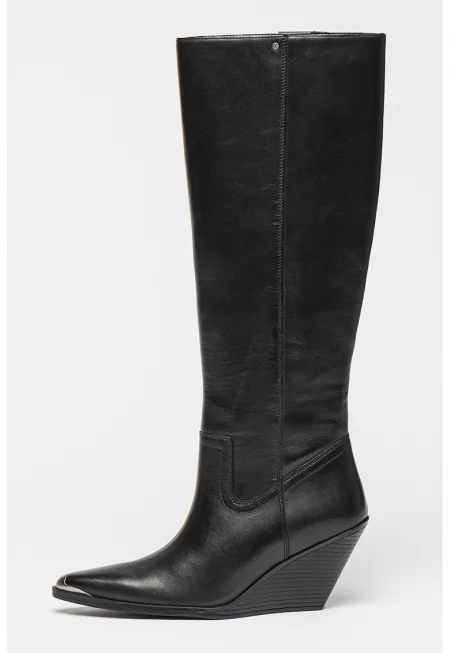 Кожени ботуши с остър връх - Черен/Сребрист