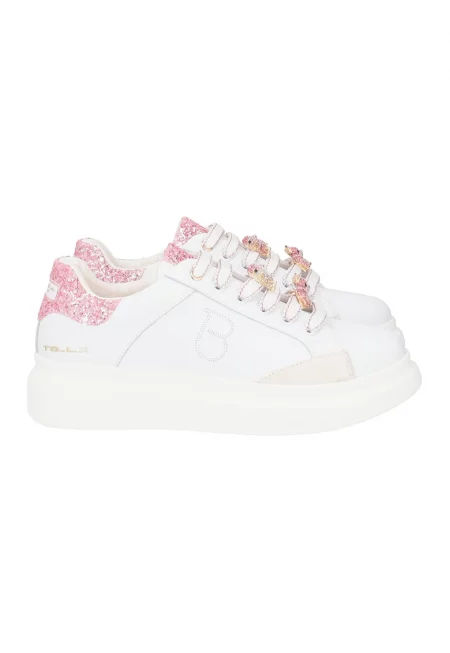 Кожени спортни обувки с равна платформа - Фуксия/Мръснобял