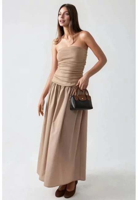 Макси рокля -  без презрамки - кафява - текстил