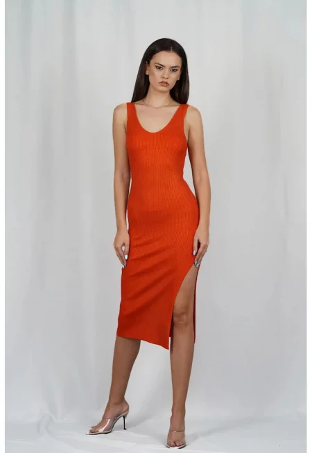Midi Dress With V Neckline - Оранжев