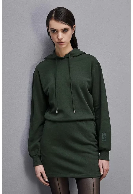 Мини рокля тип суичър с дълъг ръкав - обло деколте и качулка - Тъмнозелен