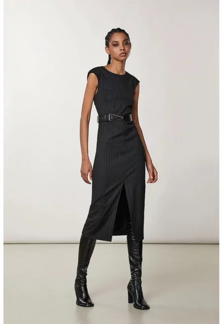 name:  Миди рокля без ръкави - с принт на райета - Черен