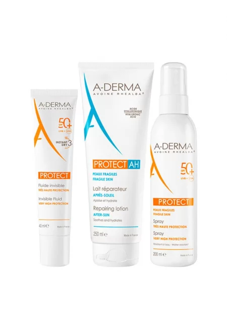Пакет  Protect – Невидим слънцезащитен флуид SPF 50+ - 40 мл + Слънцезащитен спрей SPF 50+ - 200 мл + Възстановяващ лосион за след слънце Protect AH - 250 мл