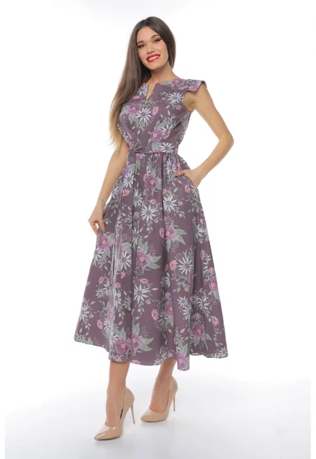 Памучна миди рокля с връзка - Зелен/Виолетов