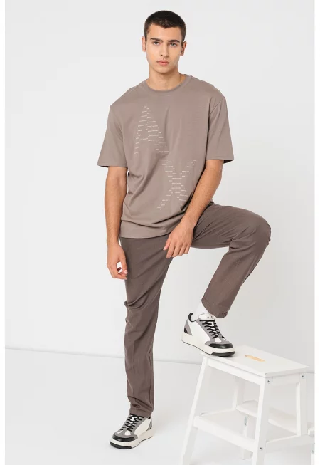 Памучна тениска с лого - Сиво-кафяв