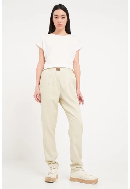 Панталон с лиосел с еластична талия - Светло бежово