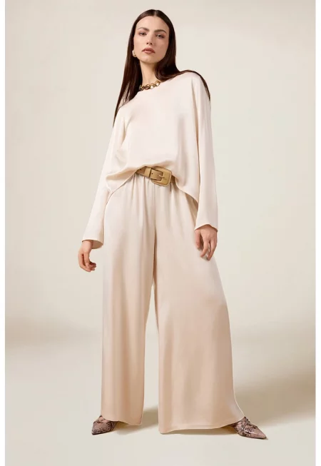 Панталон с широк крачол и висока талия - Слонова кост