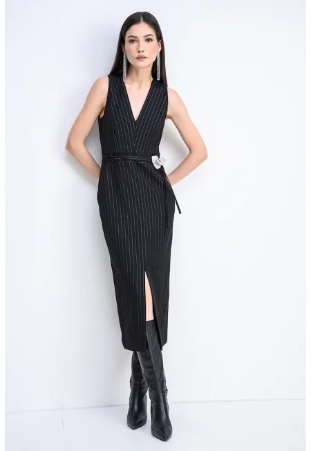 Раирана шпиц рокля Katoni с джобове встрани - Сребрист/Черен