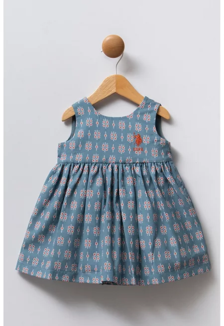 Разкроена рокля с принт - Прашно синьо/Тъмночервен