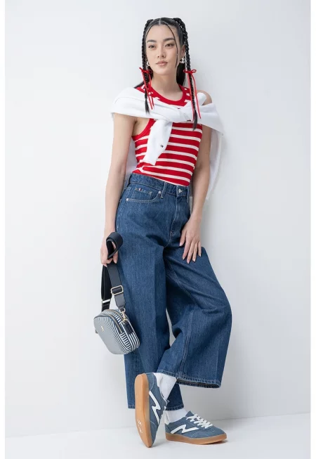 Рипсен топ по тялото - Червен/Бял