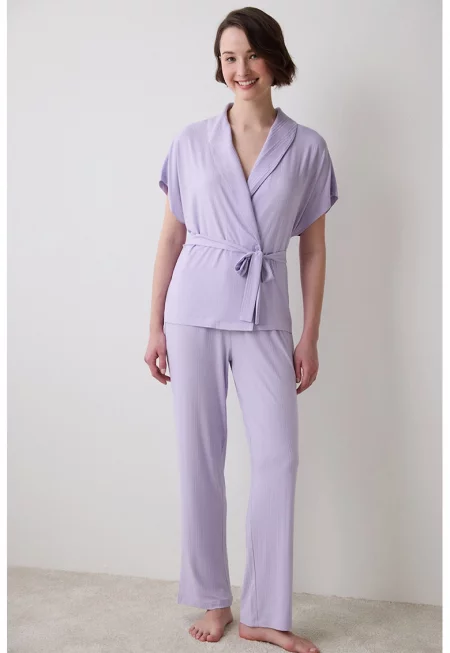 Рипсена пижама с колан - Лилав