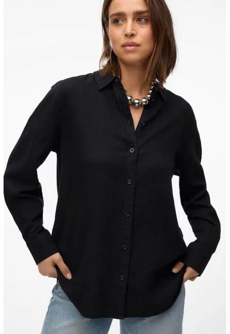 Риза с лен с остра яка - Черен