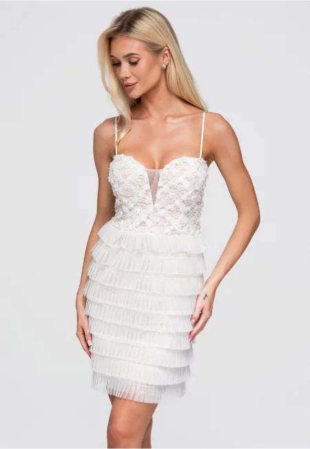 Rochie cocktail mini cu bust ajustat și fustă înflorată - Бял