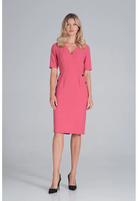 Рокля молив  къс ръкав - корал - полиестер