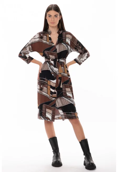 Рокля тип риза с джобове Anya - Бял/Кафяв