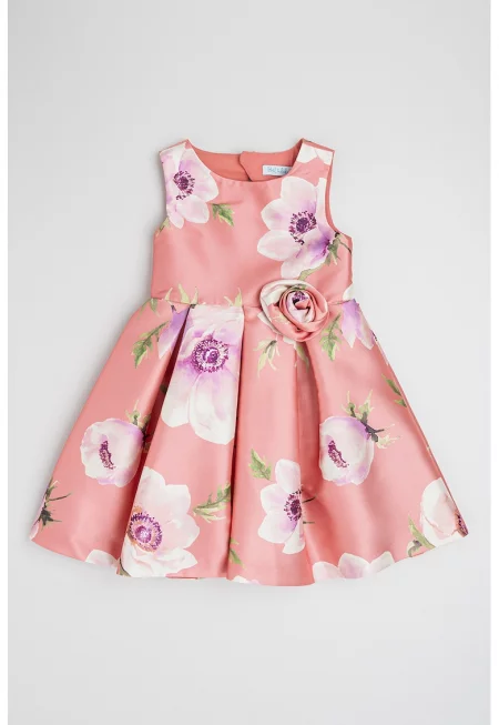 Сатинирана флорална рокля с апликации - Зелен/Слонова кост/Прашно розово