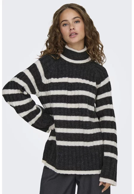 Широк раиран пуловер Miley - Бял/Избеляло черно