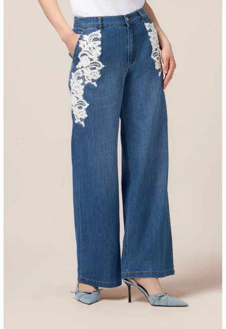 Широки дънки с бродерия - Бял/Син