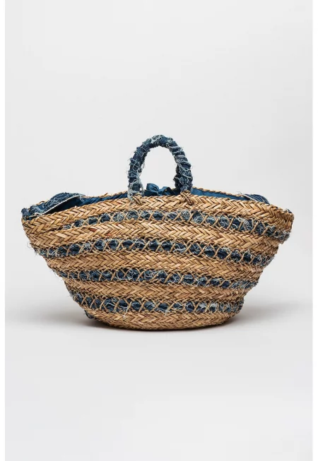 Сламена чанта с деним - Светло бежово/Тъмносин