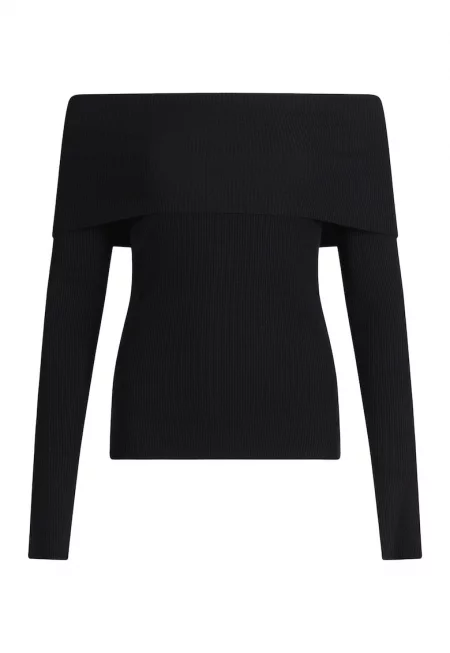 Слим пуловер с голи рамене - Черен
