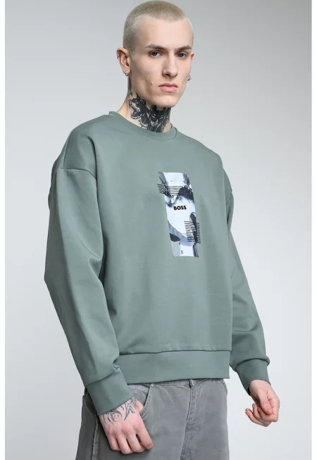 Суитшърт с овално деколте и лого - Бял/Папратово зелено