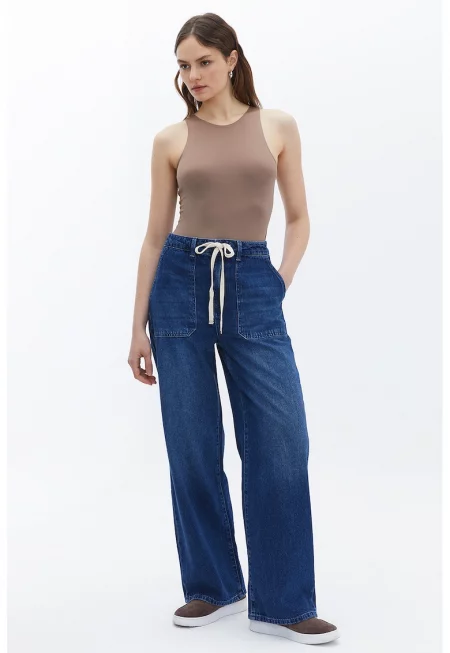 Свободни дънки с връзка и джобове - Тъмносин