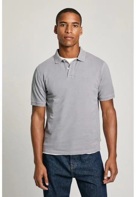 Тениска от памучно пике с яка - Светло сив