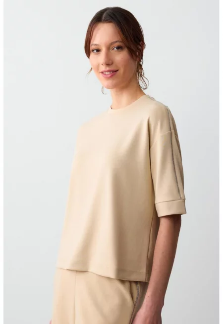 Тениска с модал с паднали ръкави - Бежов