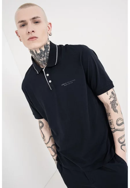 Тениска с яка - Бял/Тъмносин