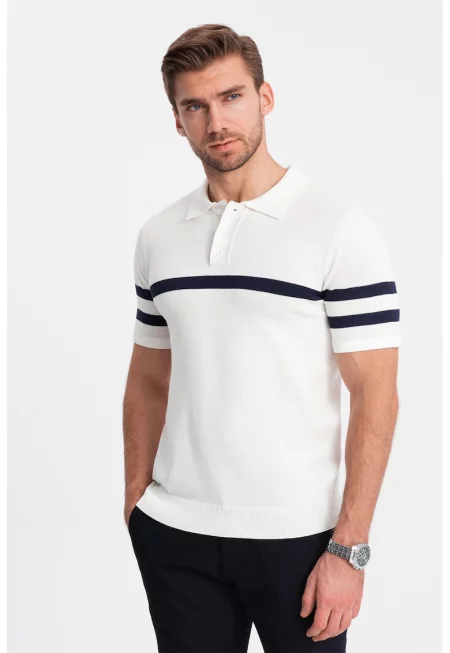 Тениска с яка и контрастни ивици - Бял