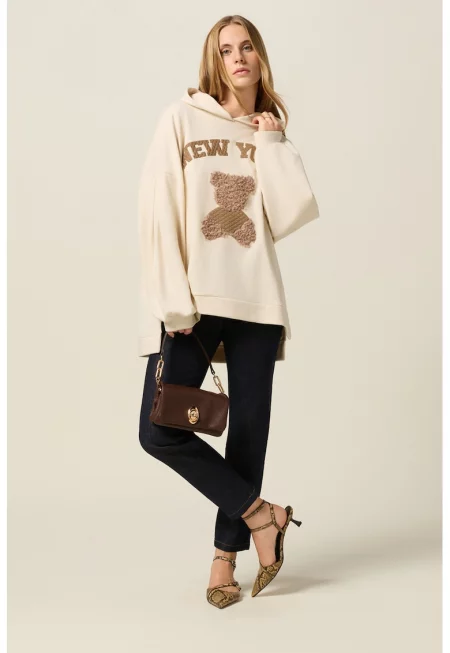 Уголемено худи с принт - Светло бежово