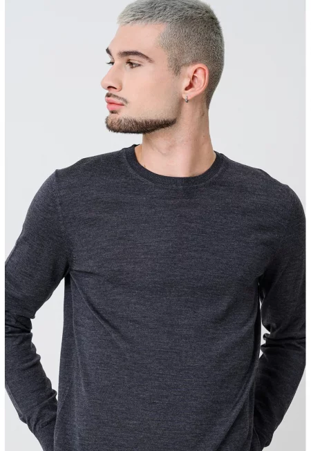 Вълнен пуловер с овално деколте - Меланж тъмно сиво