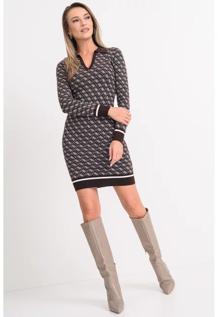 Вталена рокля с монограми и шпиц - Кафяв/Крем