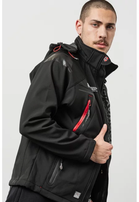 Зимно яке Techno Men с качулка и лого - Черен