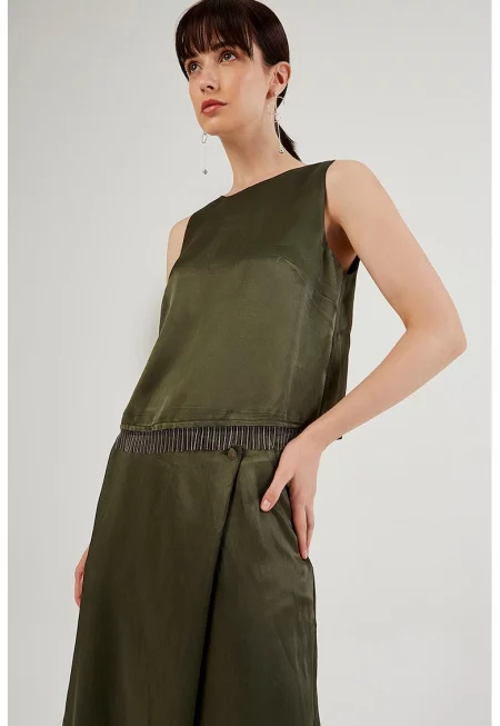 Блуза с ресни - без ръкави - Каки
