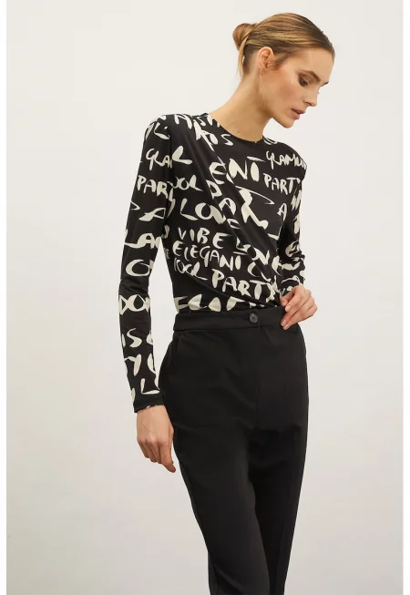 Блуза тип боди с подплатени рамене - Слонова кост/Черен