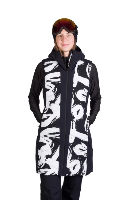 Дълъг ски елек с качулка - Бял/Черен